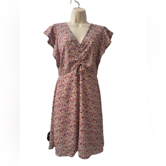Monteau Los Angeles Floral Ruched Shortsleeve Ruffled Flowy Multicolored Size M - Picture 1 of 12